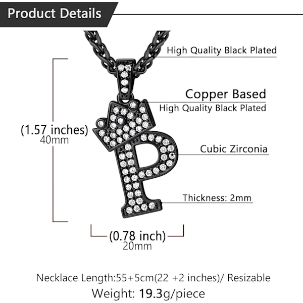 Krone Initial A-Z Halskjede, Iced Out Bokstavanheng med 22-24 Tommers Kjede, Menn Kvinner Bling Hip Hop Alfabet Navn Smykker Gave Store Initialer Halskjeder P Black