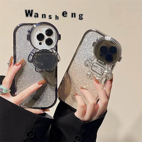 Astronaut Dold Ställ Telefonfodral för iPhone 15 promax Kameraskydd Lyx Glitter Bling 6D Elektropläterad Klar Mjuk TPU Skydd A Gold