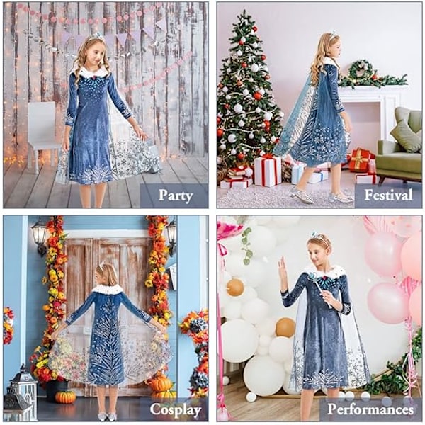 Pige Fancy Prinsesse Kostume, Snedronning Fancy Festkjole Elsa Fancy Kjole til Piger, Elsa Kjole Prinsesse Kostume Kjole med Kappe, 120CM