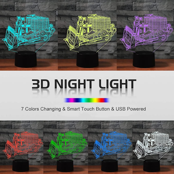3D Illusionslampe USB LED Bulldoser nattlys skrivebordslampe atmosfærelampe 7 fargeendrende berøringskontroll som hjemme soverom dekor