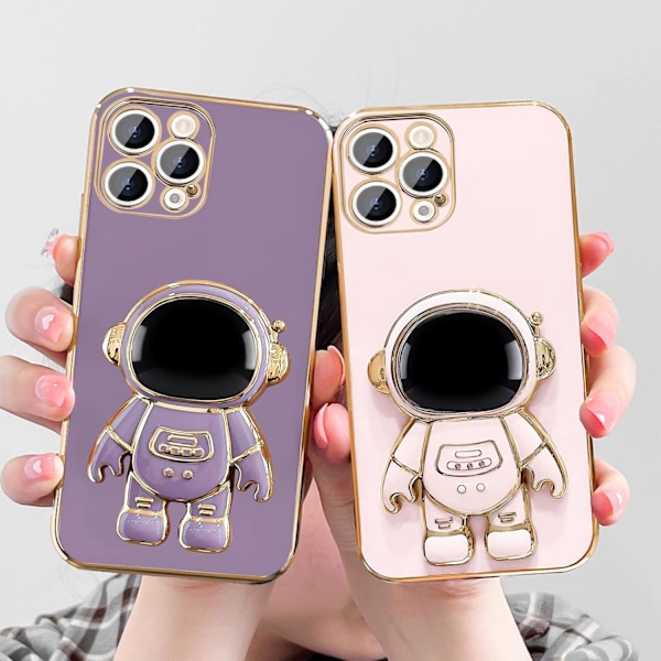 För iPhone 15promax Skal, Sött 3D Astronaut Ställ med [2 Skärmskydd] [Kameraskydd] Stötsäkert Bling Silikon S Purple