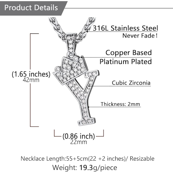 Krona Initial A-Z Halsband, Iced Out Letter Hänge med 22-24 Tums Kedja, Män Kvinnor Bling Hip Hop Alfabet Namn Smycken Present Stora Initialer Halsband Y Silver