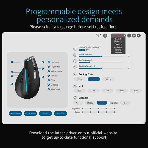 Trådløs Bluetooth Ergonomisk Vertikal Mus Programmerbare Tilpassede Knapper Indbygget Hukommelse USB Computermus til Kontor Spil Højre Hånd PC Mus