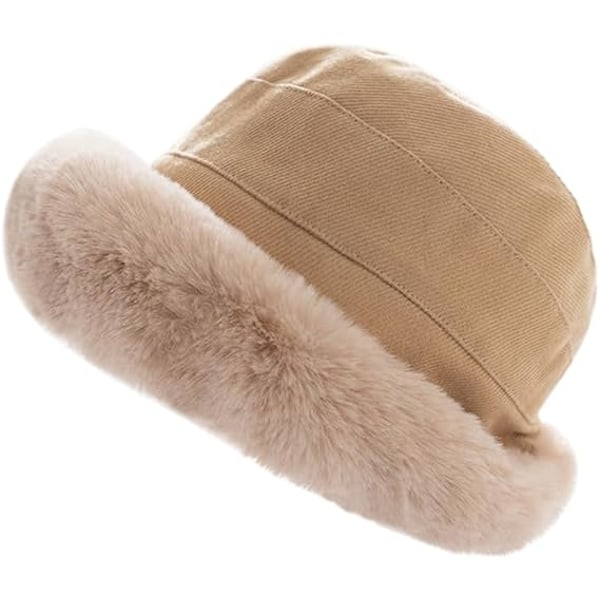 Plush Fuzzy Bucket Hat för Kvinnor Varm Fluffig Konstgjord Päls Fiskehatt Vinter Skid Utomhus Vindtät Varm Fleecefodrad Hatt Beige