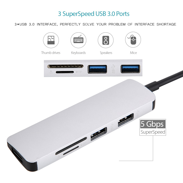 USB3.0 til USB3.0*3 Splitter Adapter 5Gbps 3.0 Splitter Adapter Converter TF/SD Converter Sølv