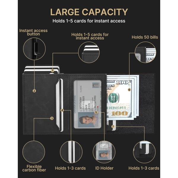 Herre Lommebok Kort Holder: Pop Up Aluminium Etui, Premium Ekte Lær, Smart, RFID Blokkering, Slank, Minimalistisk, Frontlomme - 9-14 Kort Kapasitet | ‏‏‎ ‎‎Black