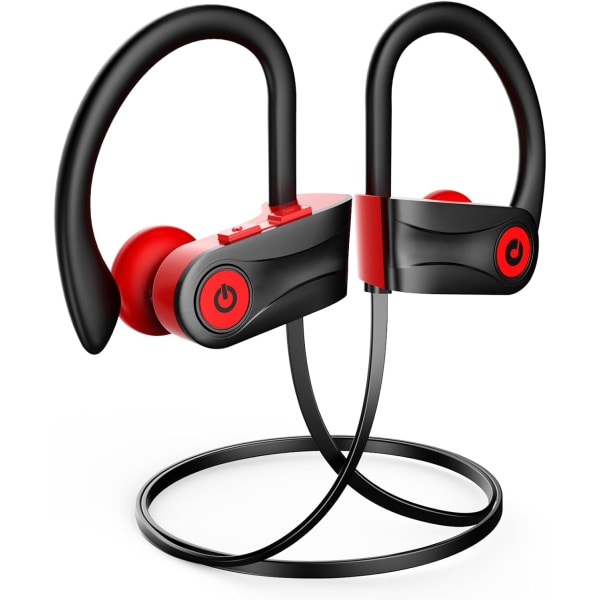 Bluetooth hörlurar, trådlösa hörlurar med 16 timmars speltid, HD Djupbas Stereo IPX7 vattentäta hörlurar Tydliga samtal Ljudisolering Spo Red