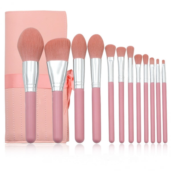 Vaaleanpunainen puinen kädensija meikkisivellin set + up - pakkaus , 12 kpl Loose Powder Brush Eye Brush Beauty Meikkityökalut