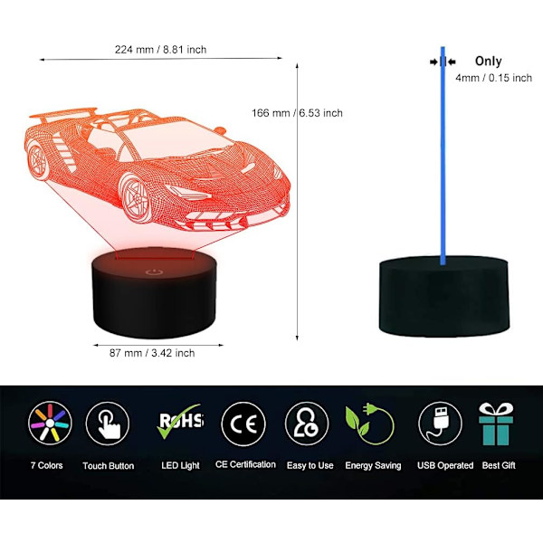 3D Illusion Lampe USB LED Racerbil Natlys Skrivebord Atmosfærisk Lampe 7 Farveskiftende Berøringsstyring som Hjem Soveværelse Dekoration