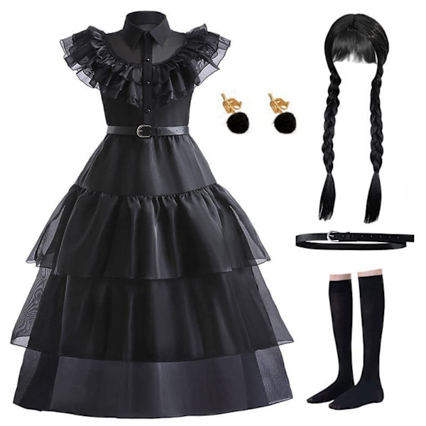 Wednesday Addams klänning för barn flickor, Addams Family Cosplay Halloween festklänning uppklädningsdräkt (5-6 år)