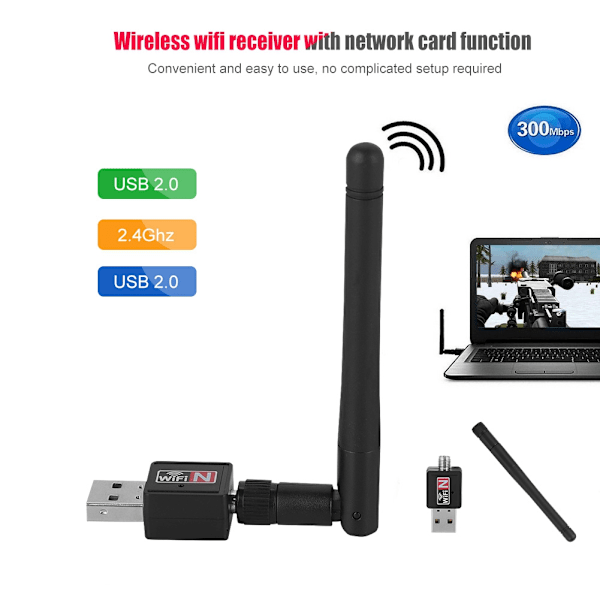300Mbps langaton USB2.0-verkkokortti WIFI-sovitin Dongle-signaalin lähetin-vastaanotin 2,4 GHz