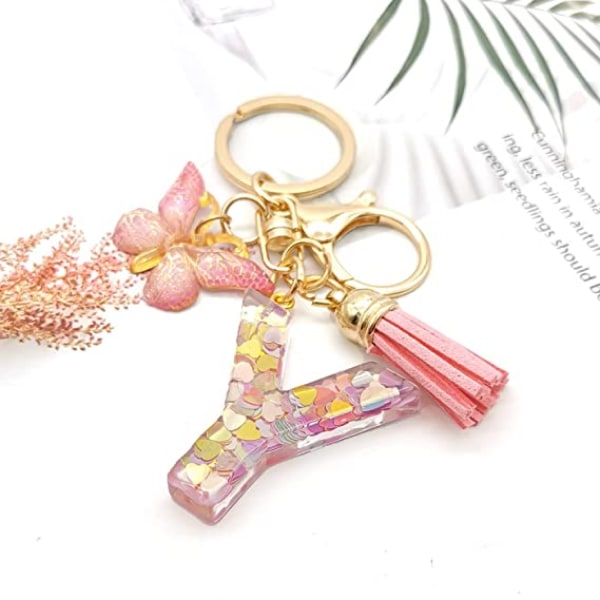 Fashion Alphabet Initial Letter Keychain Tassel Butterfly Pendant Key Ring för Handväska Handväskor Kvinnor Flicka--Y