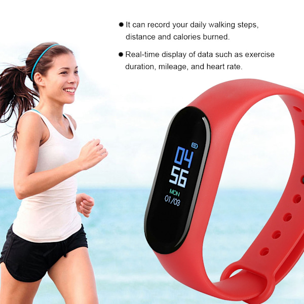 Bluetooth Smart Armband Klocka Hjärtfrekvens Fitness Tracker Hjärtfrekvens Blodtryck (Röd)