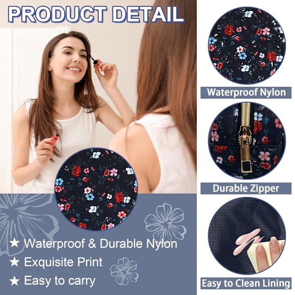 Vedenpitävä pieni kukkakuvioinen penaali meikkipussi käsilaukkuun, söpö kukkakuvioinen penaali preppy-tyylinen nailoninen meikkisivellinteline vetoketjulla, tytöille Black-Flowers