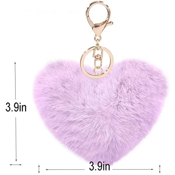 Women's Heart Puffball Keychain Faux Fur Pom Pom Keyholder Bag Accessory Keyring Backpack Charms for Girls--Purple