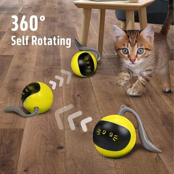 Cat Toys 360°Self Rolling Ball Toy Interactive Toys Cat Wand Teaser Toys USB Charging Hunting Exercise Toys Indoor Gifts for Kitten/Puppy/Small Dogs