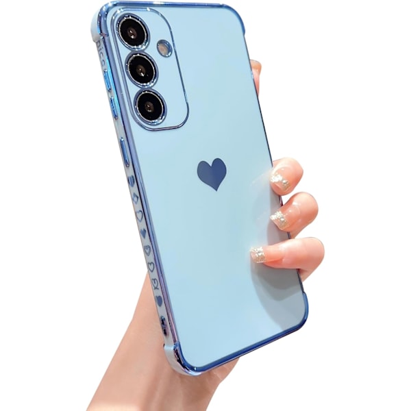 Samsung Galaxy S25 6.2\" puhelinkotelo, ylellinen söpö sydänkuvio sivussa, täysi kameran suojaus, pehmeä silikoni, iskunkestävä, galvanisoitu Blue