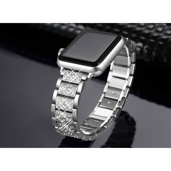 Rem og Apple Watch Rem iWatch Serie 7/6/5/4/3/2/1 Metal Kompatibel Tre Perler Diamant Rem --- Sølv（42/44/45mm）