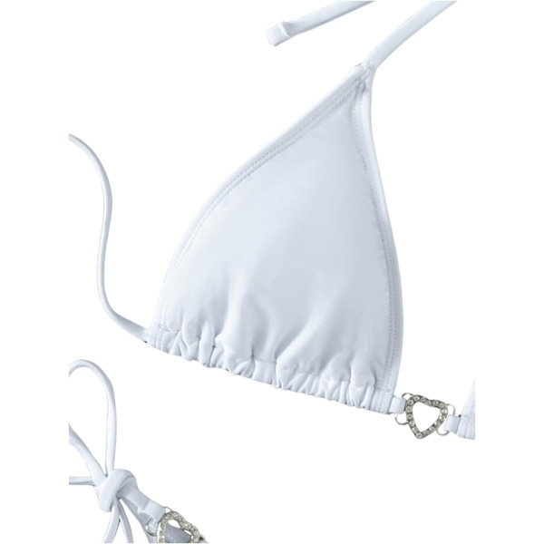 WJSM Naisten Halter-solmio Sivu Kolmio Bikinisetti Korkea Leikkaus 2-osainen Bikini Uimapuku Uimapuku Rhinestone White M