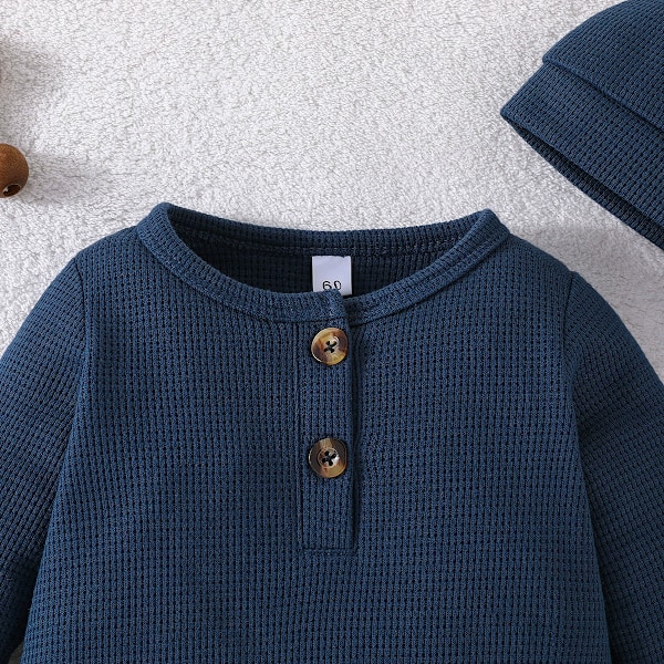 Bebis Kläder Set Spädbarn Pojkar Flickor Nyfödd Baby Sparkdräkt Mössa Ribbstickad Långärmad Knapp Enfärgad Bodysuit Jumpsuit blue 80CM
