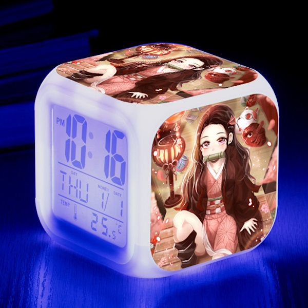 Wekity Anime Ghost Slayer Färgglad Väckarklocka LED Kvadratisk Klocka Digital Växklcka med Tid, Temperatur, Alarm, Datum