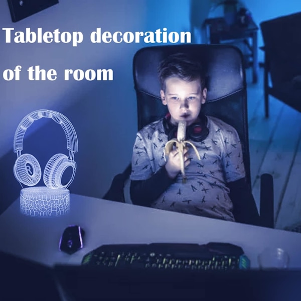2 stk Hodetelefoner og Enhjørning-Ikoner Lys med USB-kabel 7 Farger Skiftende LED Nattelys 3D Illusjonslampe Spillrom Belysning Dekor (2 stk)