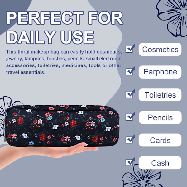 Vanntett Lite Blomstrete Penal Sminkeveske for Veske, Søt Blomster Penal Preppy Nylon Sminkekostholder med Glidelås, Jenter Black-Flowers