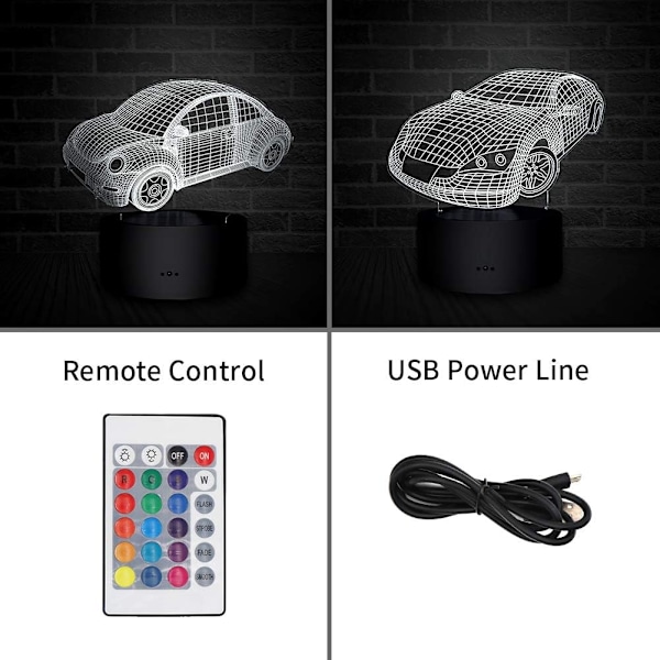 3D Natlys Beetle Bil & Sportsvogn, LED Illusion Lampe 7 Farver og 16 Farver Skiftende Bord Skrivebord Sengelamper Soveværelse Dekoration Optiske Lamper