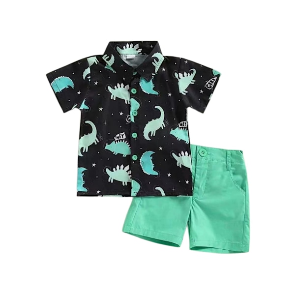 Toddler Baby Drenge Tøj Shorts Sæt Dinosaur Print Skjorte Kortærmet Knap Top Ensfarvede Shorts Sommer Sæt black 110cm