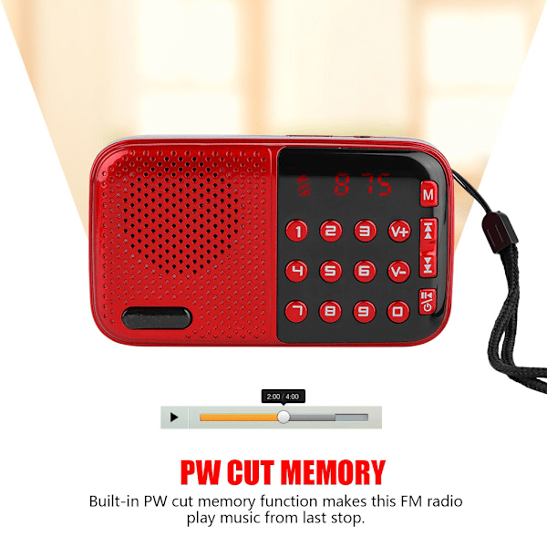 PW Cut Memory Stereo FM-radio U-disk/TF-musikk Mini USB FM-radiohøyttaler med 24-timers standby