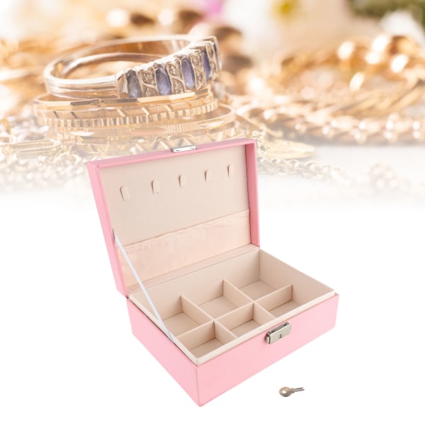 Smyckeförvaringslåda Dubbla lager Avtagbar skiljevägg PU Smycken Case för halsband Ring Rosa