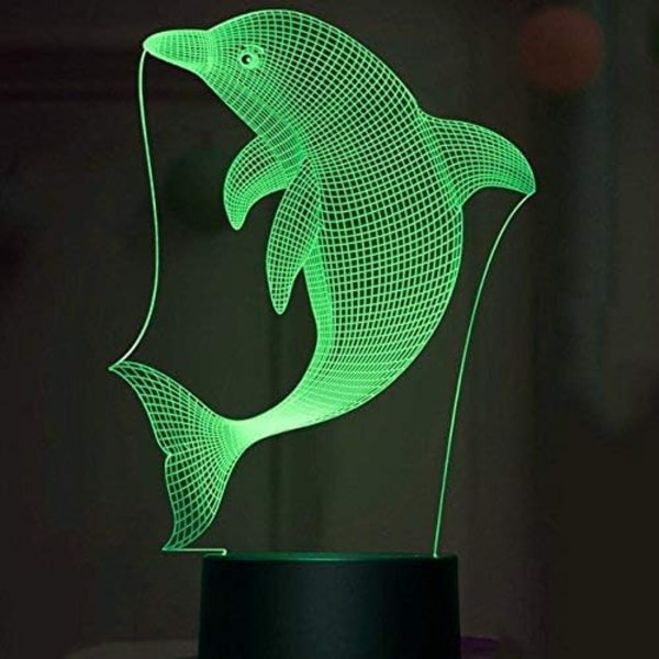 3D Delfin Fisk Nattlys Lampe Illusions 7 Farge Skiftende Berøringsbryter Bord Skrivebord Dekor Lamper Gave Akryl Flat ABS Base USB Kabel Leke (Bu