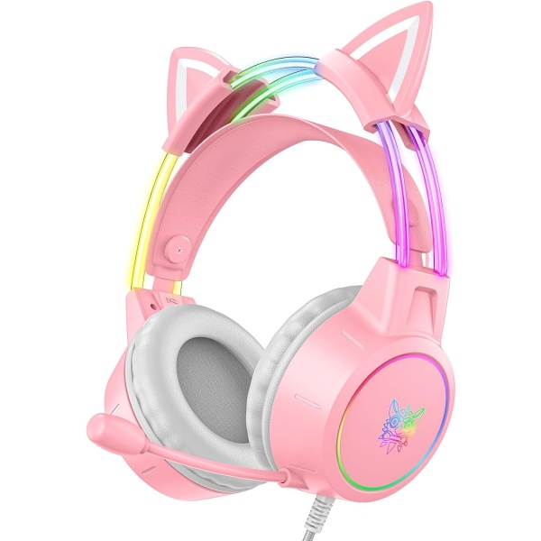 Letvægts gaming-headsets med aftagelige katteører, gradient RGB-lys, over-ear-hovedtelefoner med ledning til pc/PS4/PS5/XBOX/switch, virtuel surround-lyd Pink