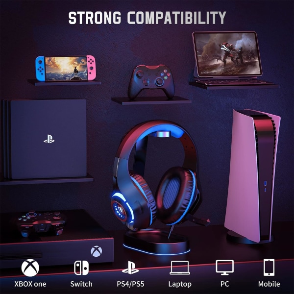 Gaming Headset för PS4 PS5 Xbox One Switch PC med brusreducerande mikrofon, djup bas stereoljud... (Svart Blå)