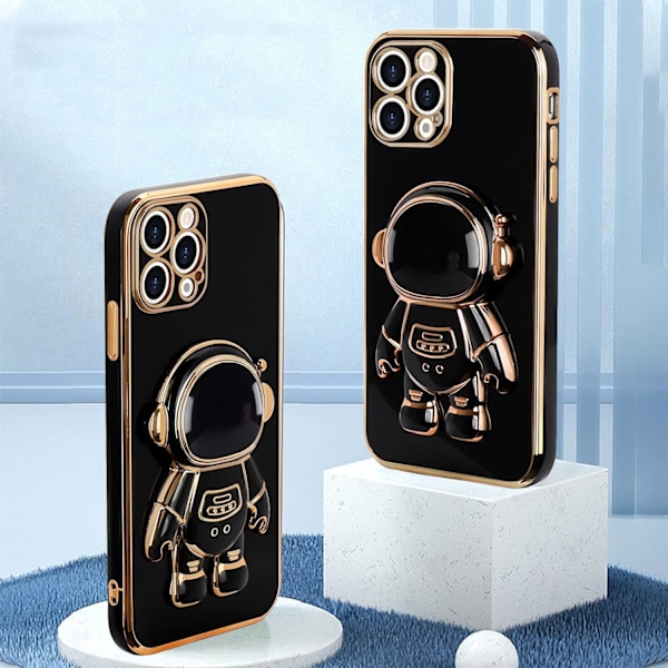 For iPhone 15pro-deksel, Søt 3D Astronaut Stativ med [2 Skjermbeskyttere] [Kamerabeskyttelse] Støtsikkert Bling Silikon Myk black