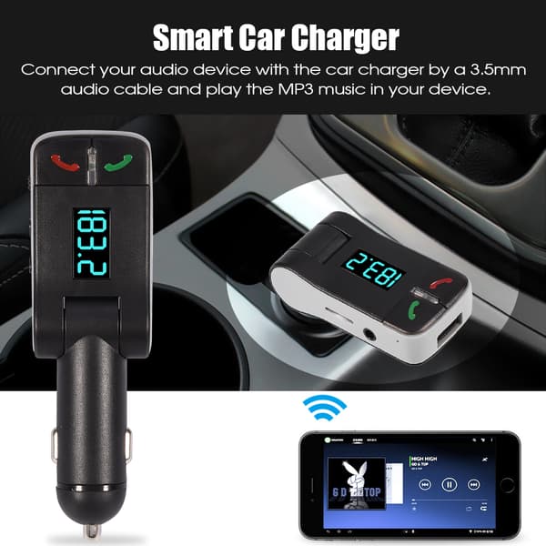 Bluetooth håndfri USB-biloplader FM-sender MP3-afspiller U-disk TF-kort sort