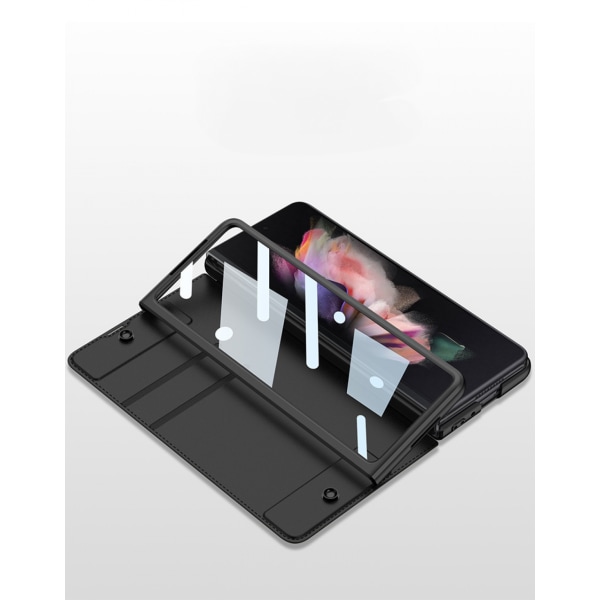 Samsung Galaxy Z Fold 4 -lompakkokotelo irrotettavalla S Pen -pidikkeellä, saranasuojalla, langattomalla latauksella, nahkakuorella, hiilikuidulla