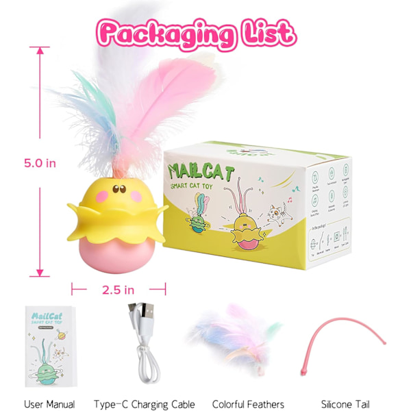 Kattleksak Monster, 2-i-1 Automatisk Interaktiv Kattleksak för Innekatter Kattunge Träning, Äkta Fjädrar, Silikonsvans, LED-belysning, Mi yellow pink