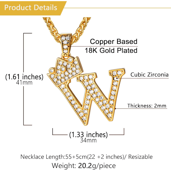 Krona Initial A-Z Halsband, Iced Out Letter Hänge med 22-24 Tums Kedja, Män Kvinnor Bling Hip Hop Alfabet Namn Smycken Present Stora Initialer Halsband W 18K Gold