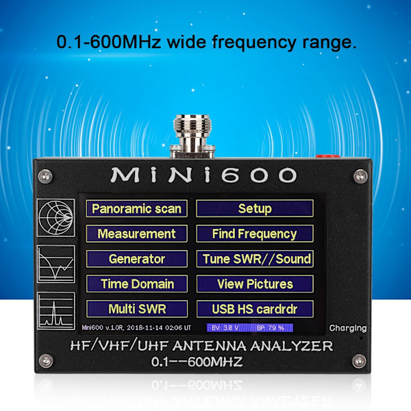 Mini 4.3 tuuman kosketusnäytöllinen LCD-näyttö 0,1-600 MHz HF/VHF/UHF ANT SWR-antennin analysaattorimittari