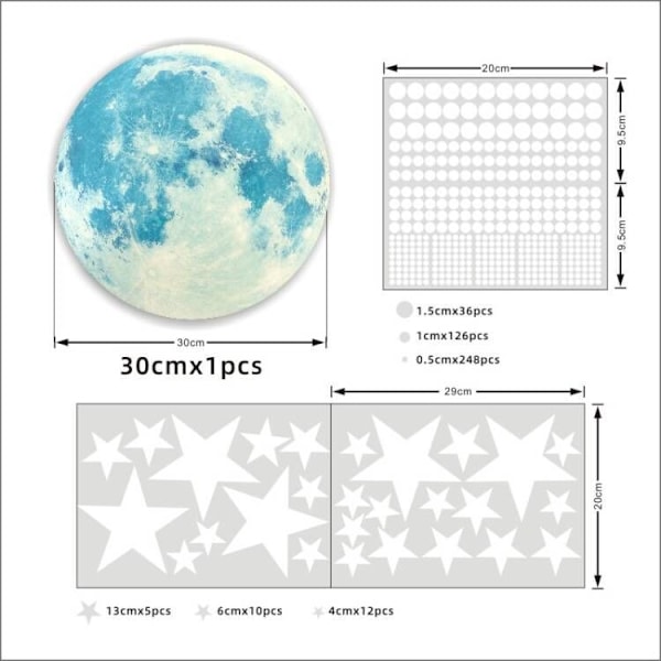 Hohtavat tähdet ja kuu seinätarrat, valaisevat yksisarvisen linnan seinätarrat 893 kpl DIY seinäkoriste lastenhuoneeseen Blue-2 30cm*Moon