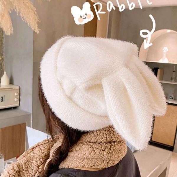 3D Rabbit Ears Beanie Hats Bunny Crochet Cap Cute Plush Winter Hat for Women Girls（White）