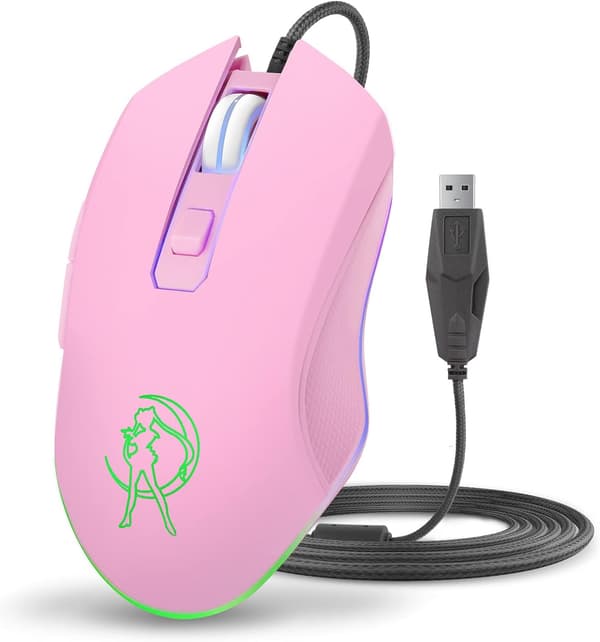 Pink Trådløs USB Computer Mus, 7 Farver Baggrundsbelysning, Lydløse Knapper, 3200 DPI, til MacBook, Computer PC, Laptop - Sailor Moon