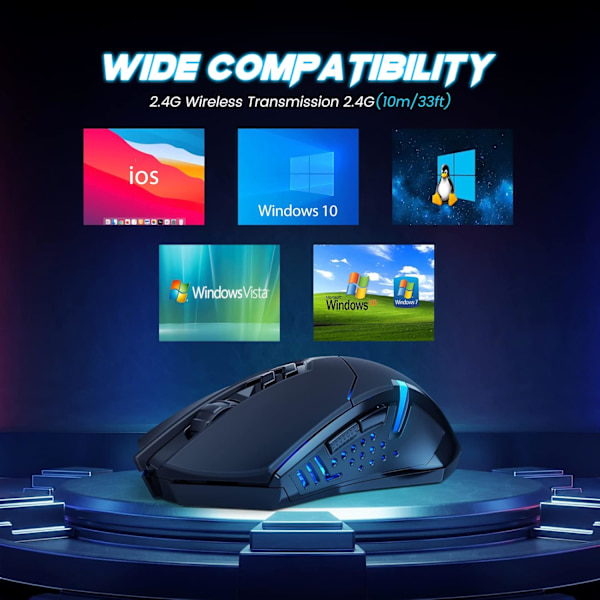 Trådlös Spelmus - USB Sladdlös PC-Tillbehör Datormöss med LED-Bakgrundsbelysning, Mus med 7 Tysta Knappar, 5 Justerbara DPI Plug&Play Blue