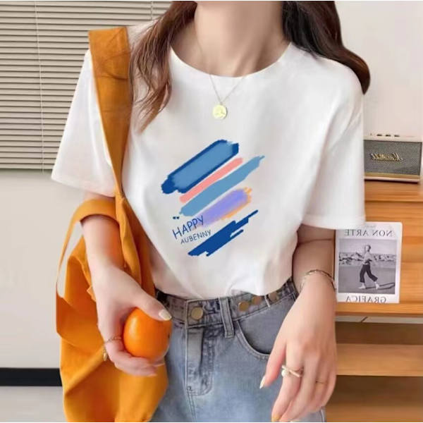 Bomulds T-shirt med korte ærmer til kvinder, sommernyhed, regnbue-graffitiprint, T-shirt med korte ærmer White S