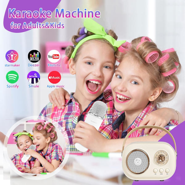 Gul Mini Karaoke-maskin för barn, bärbar Bluetooth-högtalare med 2 trådlösa mikrofoner, retrohögtalarset stereoljud förbättrat