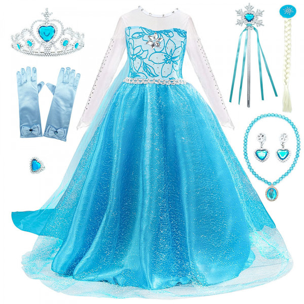 Elsa prinsessekostyme med tilbehør for utkledning, bursdagsfest, cosplay, jul, halloween | (130CM)