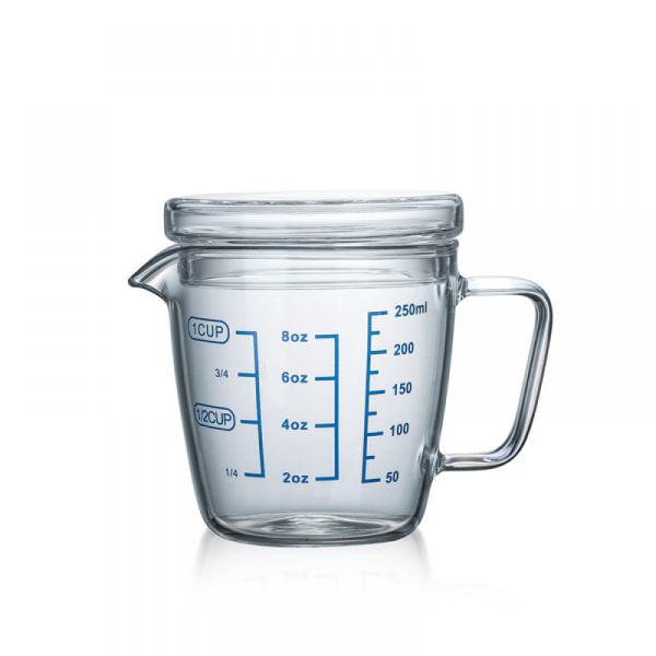 250 ml glasmätkopp med lock, borsilikatglas V-pip mjölk mätkopp med handtag, mikrovågsugnssäker