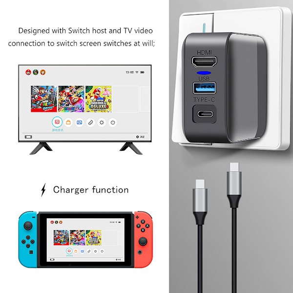 Switch Dock-opladeradapter til Switch OLED, 3 i 1 Switch-oplader til TV, Switch TV-dock med USB 3.0-port (EU-stik)