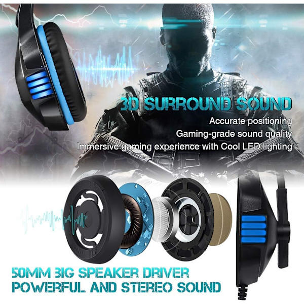 Gamingheadset för Xbox One, PS4, PC, Over Ear Gaminghörlurar med brusreducerande mikrofon LED-ljus, Stereo Bass Surround, Mjuka minnesöronmuffar för Blue